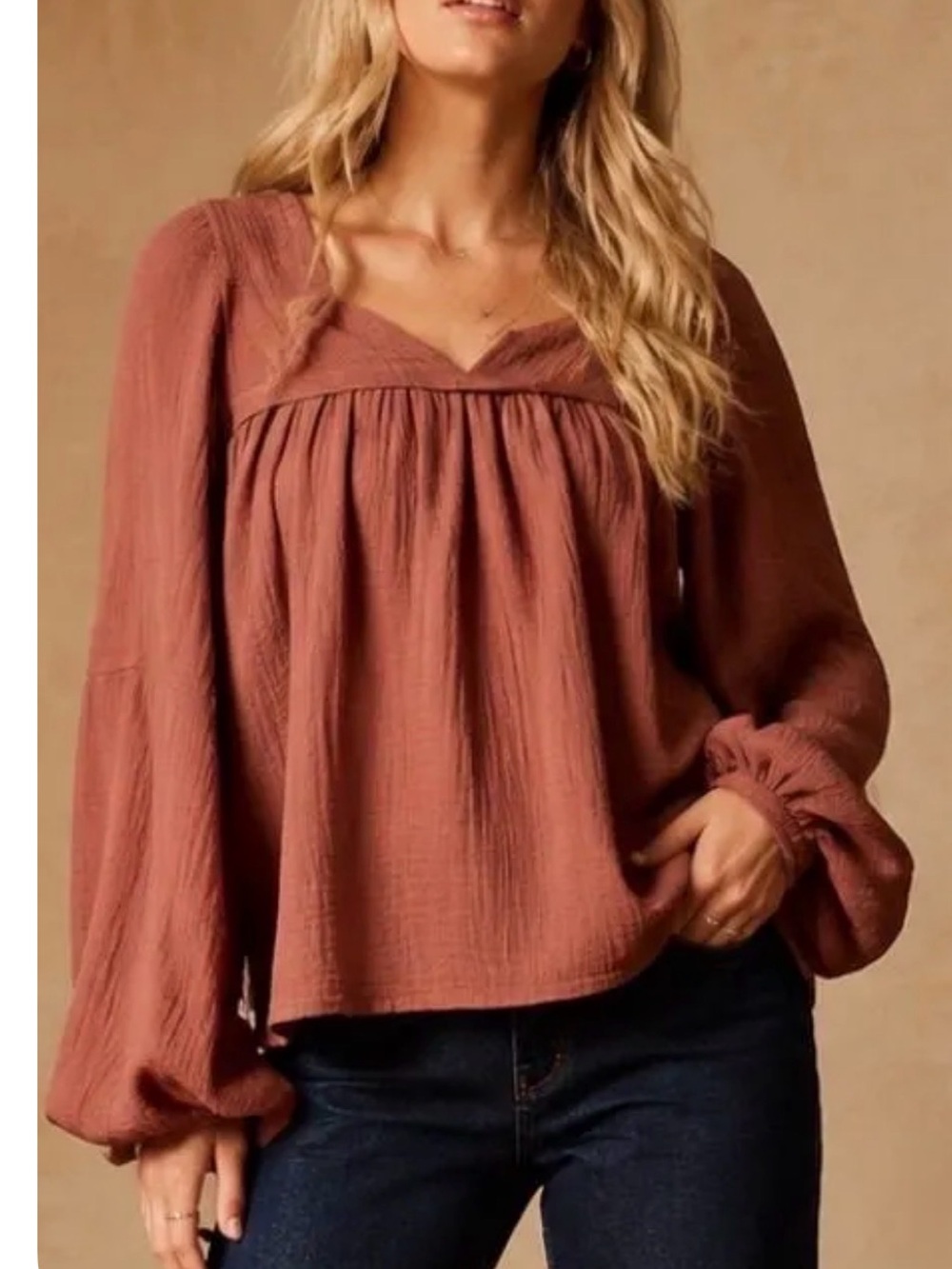 87. Terracotta  Long Sleeve Peasant Blouse - Rust